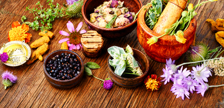Raw medical herbs and flowers.Alternative medicine concept.Herbal medicine.Assorted natural medical herbsの写真素材