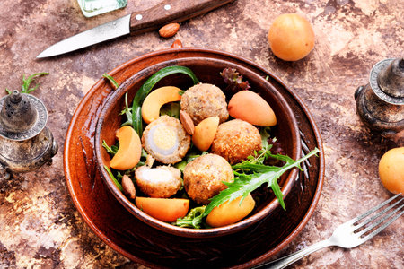 Summer salad with apricot, egg and greens.Healthy foodの写真素材
