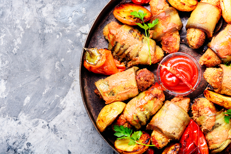 Turkish cuisine, meat fingers in eggplant rollsの写真素材