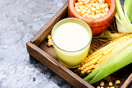 Fresh sweet corn juice in glass.Corn milk.Healthy drinkの写真素材