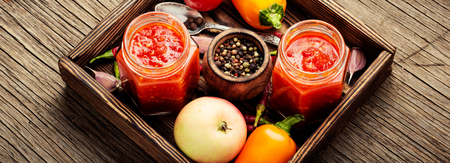 Adjika, Abkhazian and Georgian spicy seasonings from red pepper, tomato and garlic