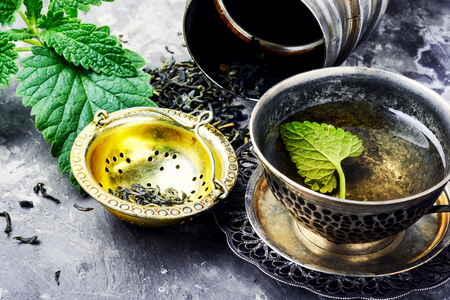 Fresh natural green melissa herbal tea in cupの写真素材