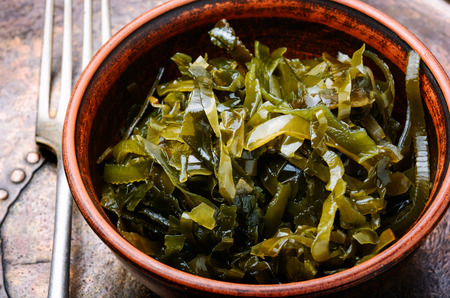 Pickled sea kale in the bowl.Fresh seaweed salad