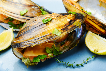 Mussels in plate with lemon and herbs.Mussels with lemon.Seafood