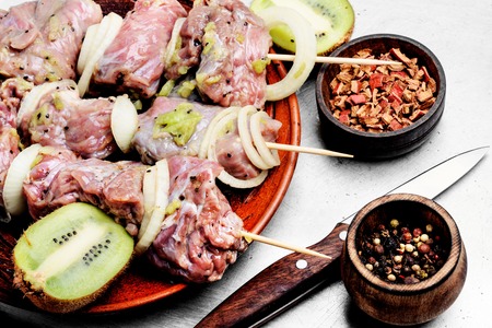 Marinated meat with onions and kiwi.Traditional Russian shashlik on a barbecue skewerの写真素材