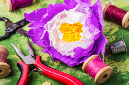 Colourful handmade paper flowers.Making gift for Mother's Dayの写真素材