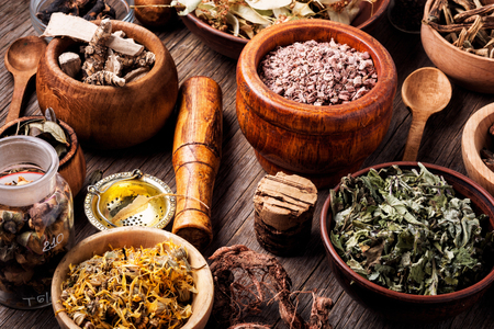 Assorted natural medical herbs.Homeopathy and alternative medicineの写真素材