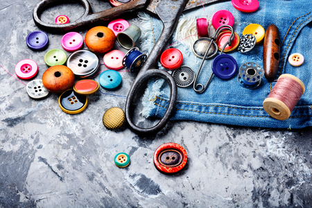 Sewing threads, fabric and buttons.Sewing kit.Sewing accessoriesの写真素材