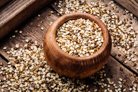 Organic mung beans on wooden background.Healthy cookingの写真素材