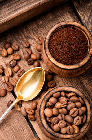 Roasted coffee beans and ground coffeeの写真素材