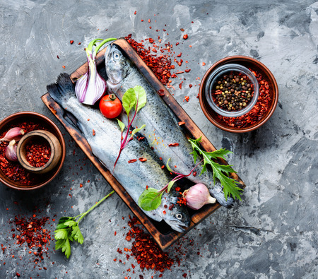 Fresh trout with spices and seasoningsの写真素材