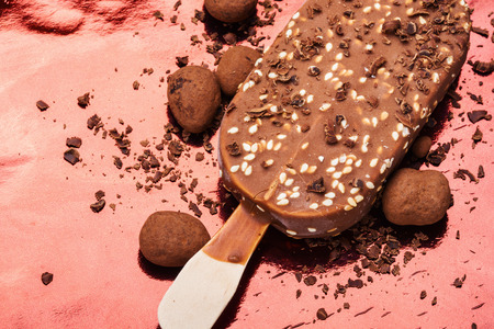 Chocolate popsicle ice cream.Chocolate ice cream on a stickの写真素材