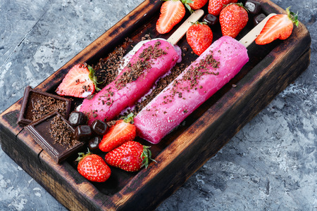 Ice cream and berry fruit.Colorful ice cream with strawberryの写真素材