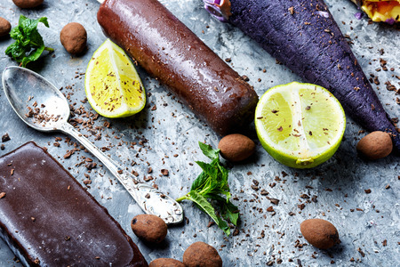 Colorful ice cream cones of different flavors.Ice cream covered with chocolateの写真素材