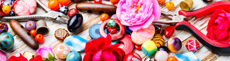 Mix colored beads for beading.Beads and tools.Handicraftの写真素材