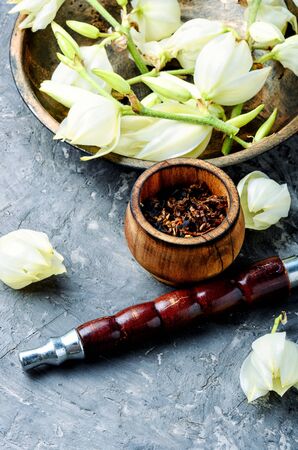 Turkish smoking hookah with the scent of yucca.Flower tobacco.Smoking.Tobacco pipe and smoking tobacco with yucca flavor.Refined taste of tobaccoの写真素材