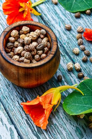 Seeds, leaves and flowers of nasturtium.Spice.Herbal medicineの写真素材