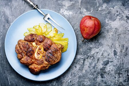 Fresh beef steak with pear sauce.Meat dishesの写真素材