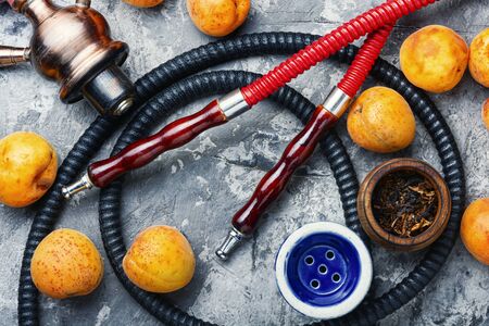 Hookah mouthpiece.Fruit shisha aroma.Tabak with apricot flavor.Kalian smoking with apricotの写真素材