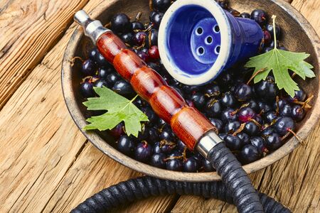 Hookah mouthpiece.Fruit shisha aroma.Tabak with black currant flavor.Kalian smoking with berryの写真素材