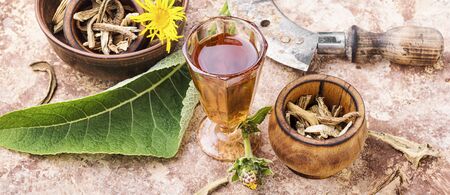 Roots and rhizomes of elecampane.Healing drink from the roots and rhizomes of inulaの写真素材
