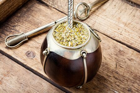 Yerba mate in calabash and dry herb.Traditional argentinian beverageの写真素材