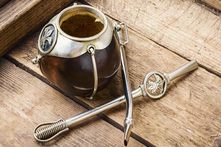 Yerba mate tea popular in latin america.Yerba mate in calabash and dry herb.の写真素材