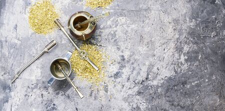 Yerba mate tea popular in latin america.Yerba mate in calabash and dry herb.