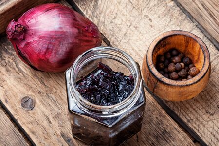 Homemade red onion jam.Onion confiture.Red onion chutneyの写真素材