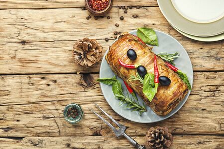 Appetizing meat terrine for Christmas.Holiday food.Flat lay with copy spaceの写真素材