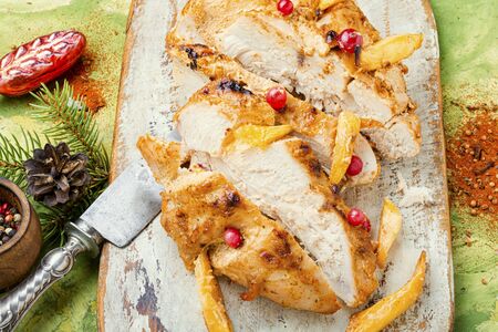 Grilled chicken breast with mango.の写真素材