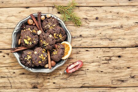 Christmas cookie on a retro wooden background.Space for textの写真素材