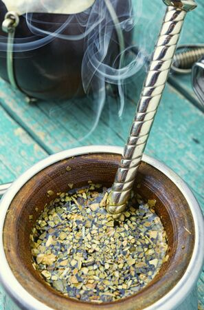 Calabash and bombilla with yerba mate.Traditional yerba mate teaの写真素材