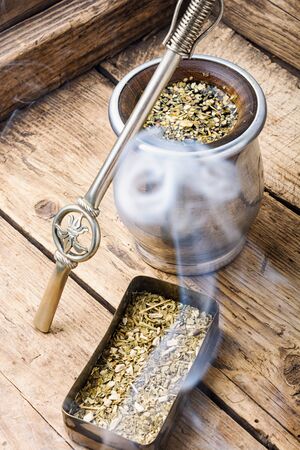 Calabash and bombilla with yerba mate.Yerba mate teaの写真素材