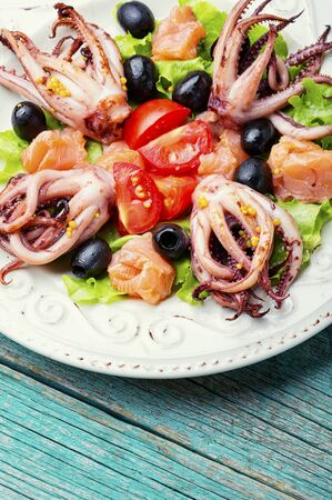 Salad with calamari, salmon and vegetables.Seafood conceptの写真素材