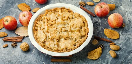 Autumn homemade pie with ripe apples.American pie.の写真素材