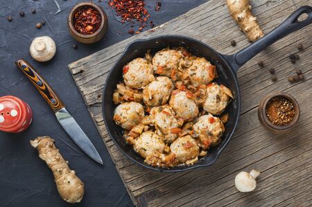 Diet steamed meatballs with minced chicken and Jerusalem artichoke.Homemade cutletsの写真素材