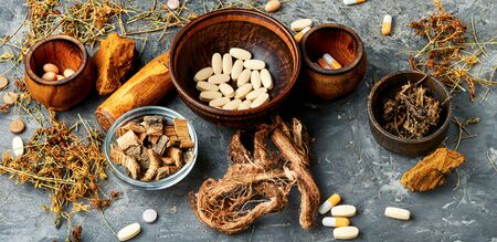 Herbal pills with healthy medical plant.Alternative medicine herbal and pills.Capsule pill with herbの写真素材