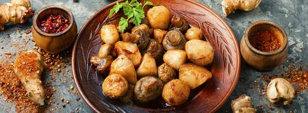 Fried Jerusalem artichoke with mushrooms and seasoningsの写真素材