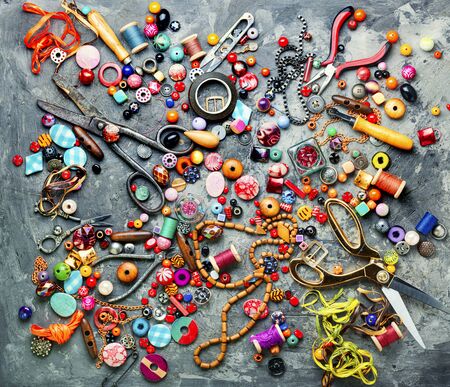 Set of beads, buttons, tools and accessories for creativity and needlework.Large set of beads.Hobby, handmade,の写真素材