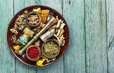 Dried herbs for use in alternative medicine.Alternative medicine herbal.の写真素材