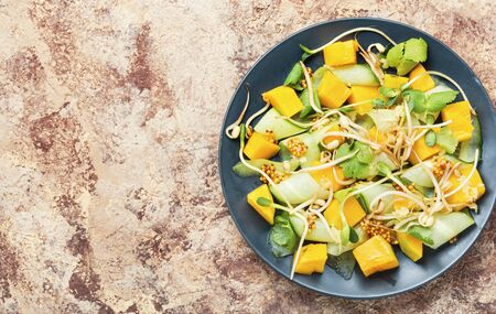 Vitamin spring salad with mango, cucumber, sprouts and mustard.Copy spaceの写真素材