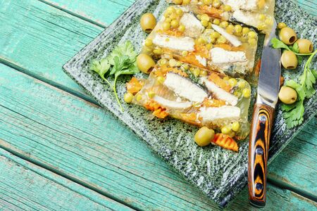 Jellied, cold dish of fish, filled with gelatinous broth.Russian national cuisine