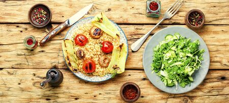 Classic Turkish pilaf with noodles.Turkish rice, grilled rice with vegetables.Arabic dishesの写真素材