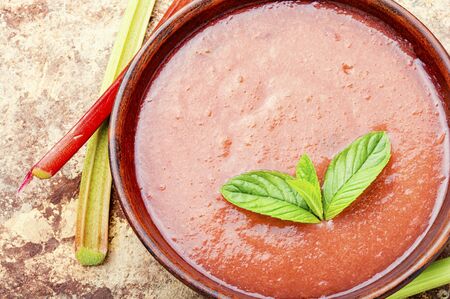 Vegetarian cold rhubarb soup in a plate.Dessert soupの写真素材