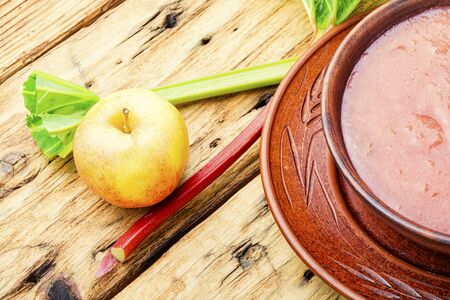 Vegetarian cold rhubarb soup in a plate.Dessert soupの写真素材