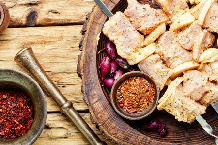 Uncooked raw pork skewers in marinade, on skewers.の写真素材