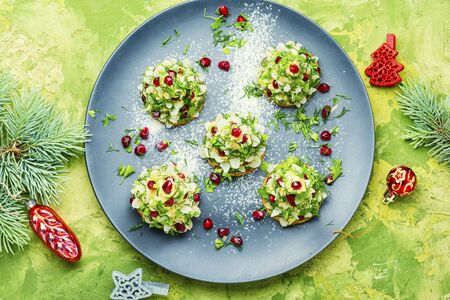 Delicious appetizer for Christmas table.Canapes with cheese,garlic and pomegranate.の写真素材