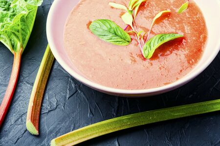 Vegetarian cold rhubarb soup in a plate.Dessert soupの写真素材