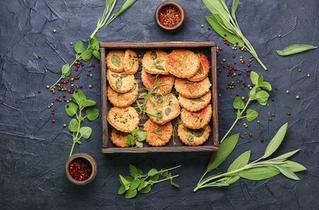 Cookies with sage,thyme and rosemary.Homemade appetizing shortbread cookies with spicy herbsの写真素材